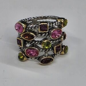 Multi Gemstone Silver Gold Tone Wide Band Boho Statement Cocktail Ring Size 7